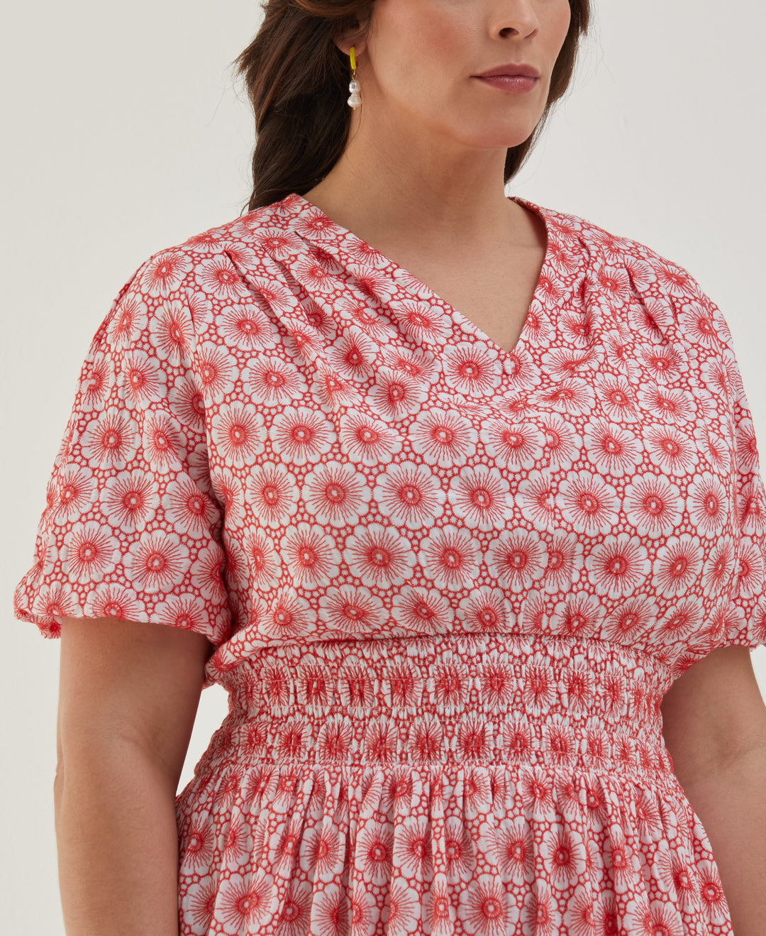 Plus Size Daisy Embroidered Smocked Puff Sleeve Dress (Hibiscus) 