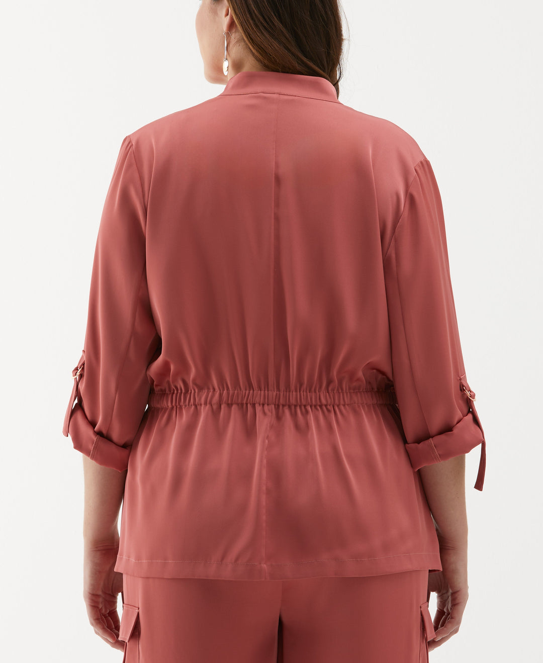 Plus Size Drawcord Waist Shine Roll Sleeve Jacket (Dusty Cedar) 