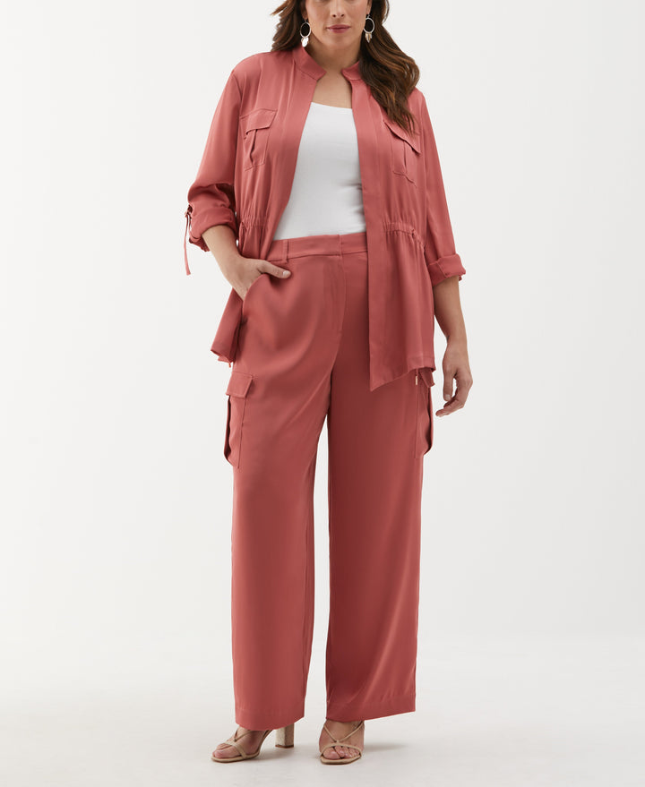 Plus Size Drawcord Waist Shine Roll Sleeve Jacket (Dusty Cedar) 