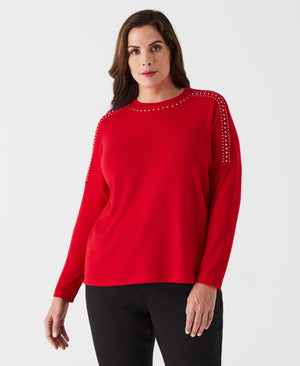Plus Size Embellished Mock Neck Top (Tango Red) 