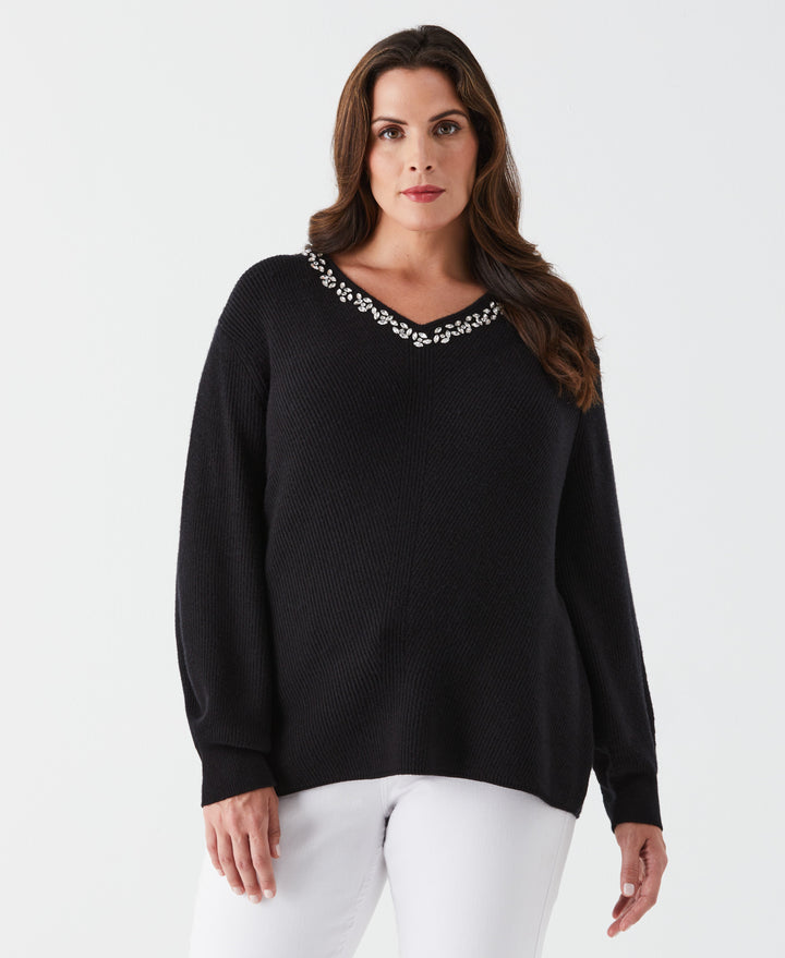 Plus Size Embellished V-Neck Sweater (Black) 