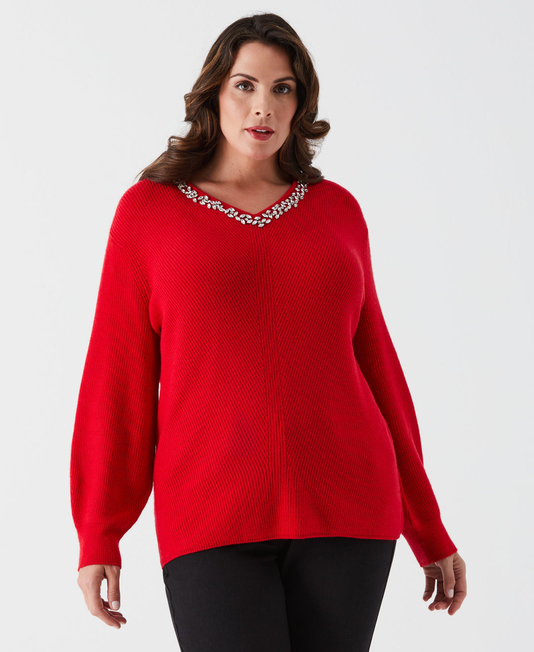 Plus Size Ripped Sweaters Women's Plus Size Embellished V-Neck Sweater – Rafaella