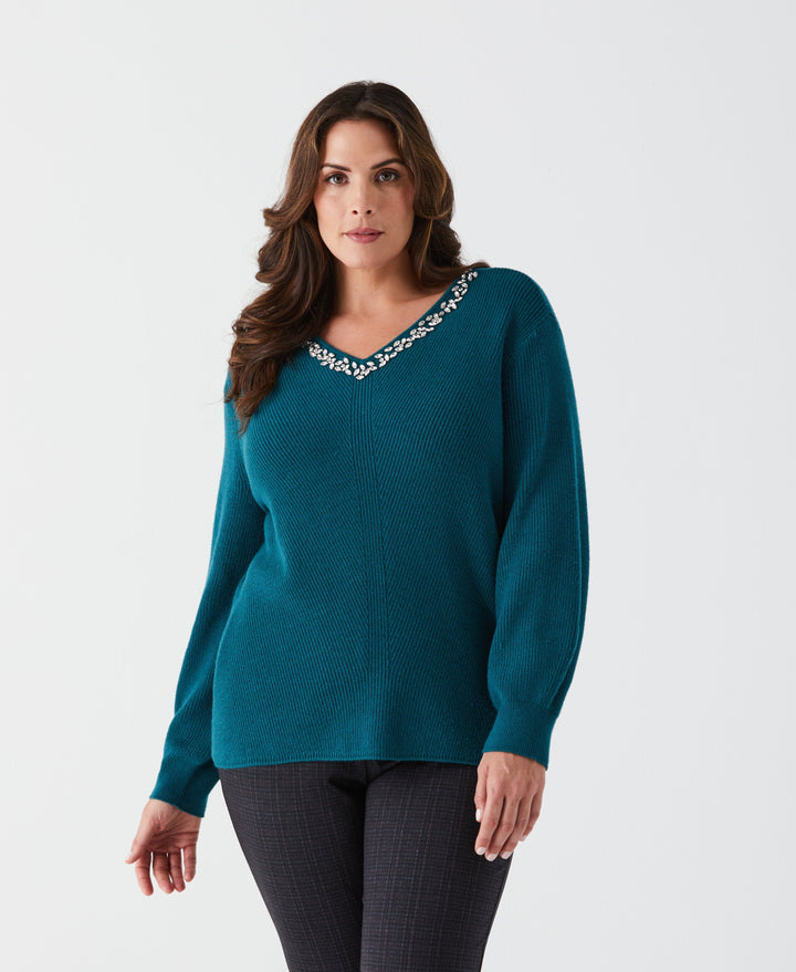 Women s Plus Size Embellished V Neck Sweater Rafaella