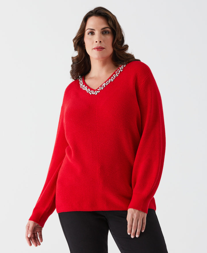 Plus Size Embellished V-Neck Sweater (Tango Red) 