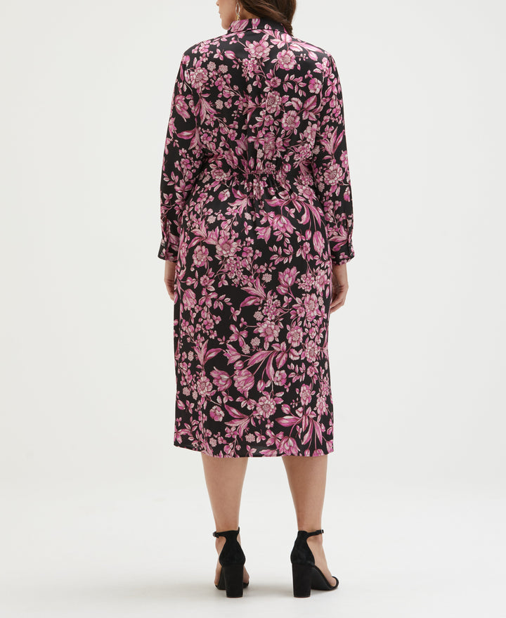 Plus Size Floral Print Gathered Popover Midi Dress (Black) 
