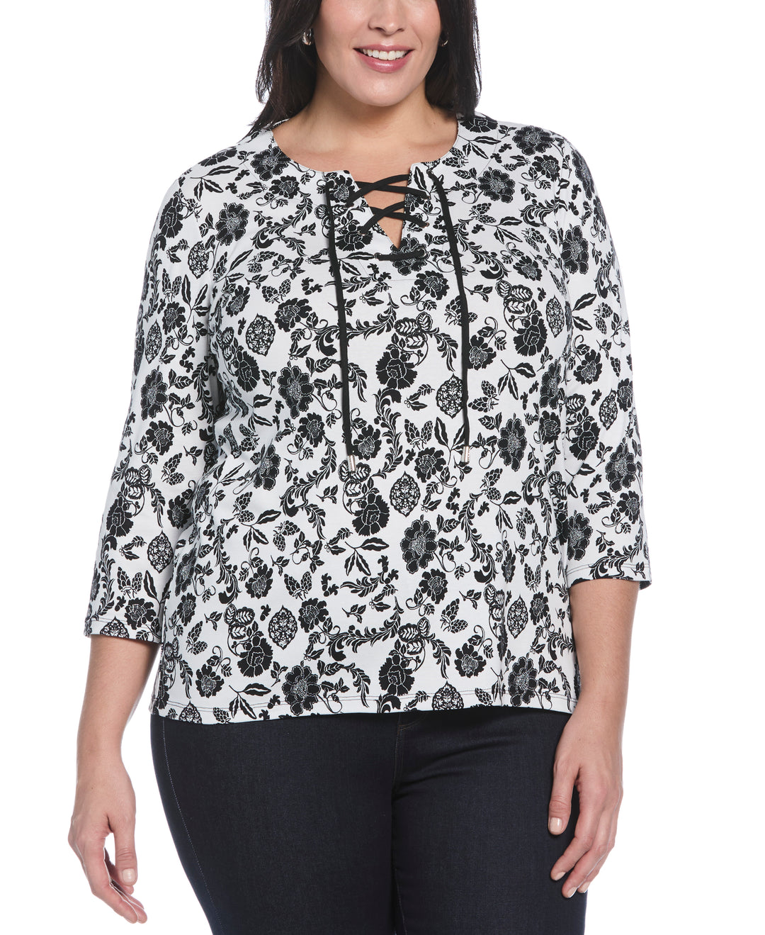 Plus Size Floral Print Lace Up Shirt (Black) 