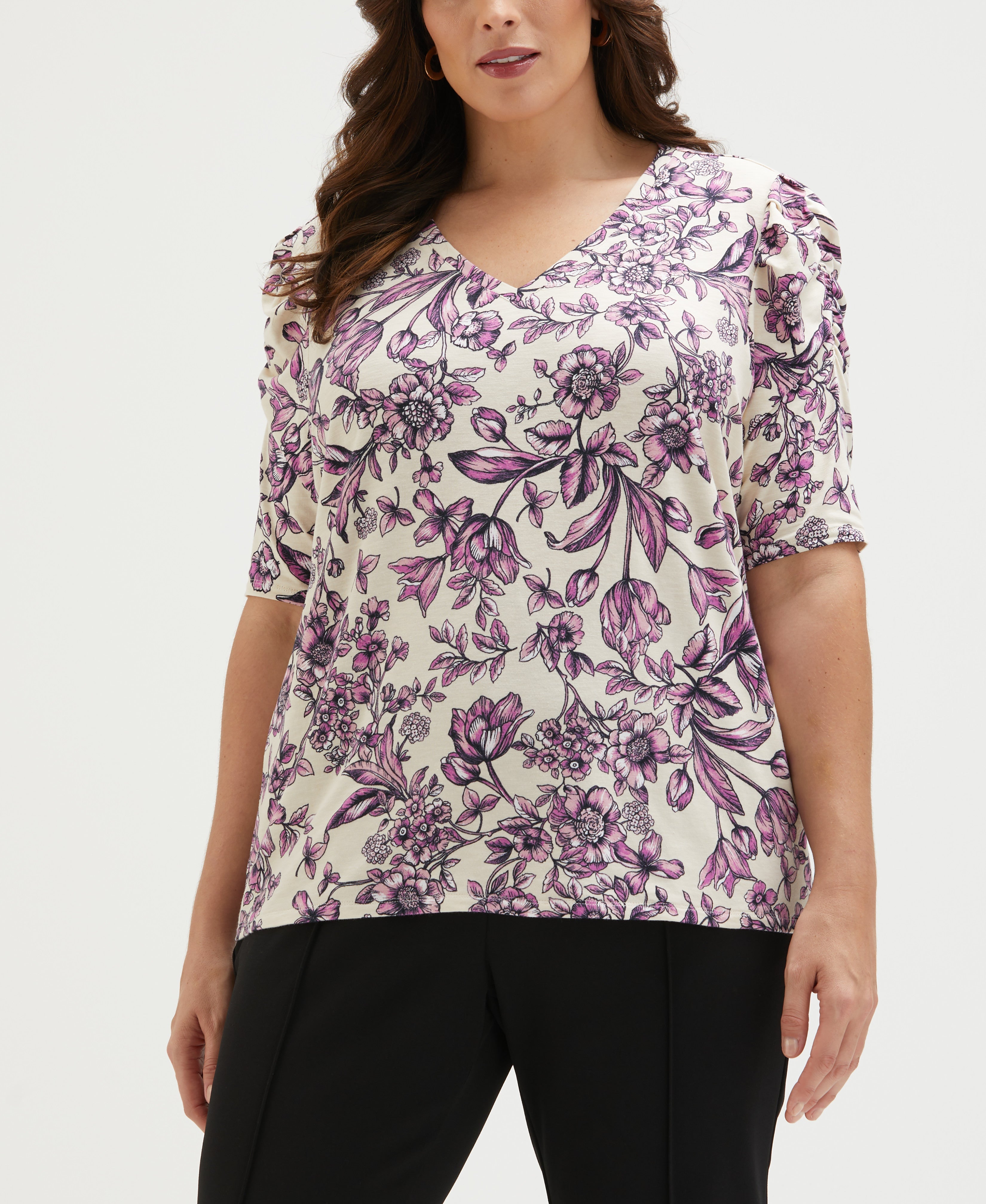 売れ筋商品|||カスパー カットソー トップス レディース Plus Size Elbow-Sleeve Pleated-Neck Top Regal Purple Women's Plus Size Floral Print Puff Elbow Sleeve Top | Rafaella