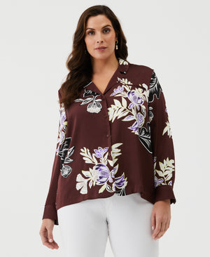 Plus Size Floral Print Shirt with Piping (Decadent Chocolate) 