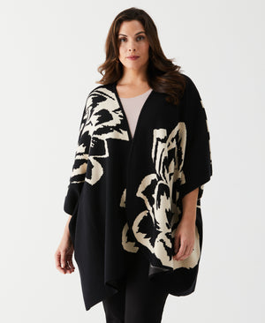Plus Size Floral Sweater Knit Cape (Black) 