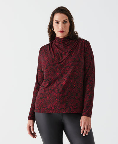 Plus Size Honeycomb Mosaic Print Ruched Mock Neck Top (Rhubarb) 
