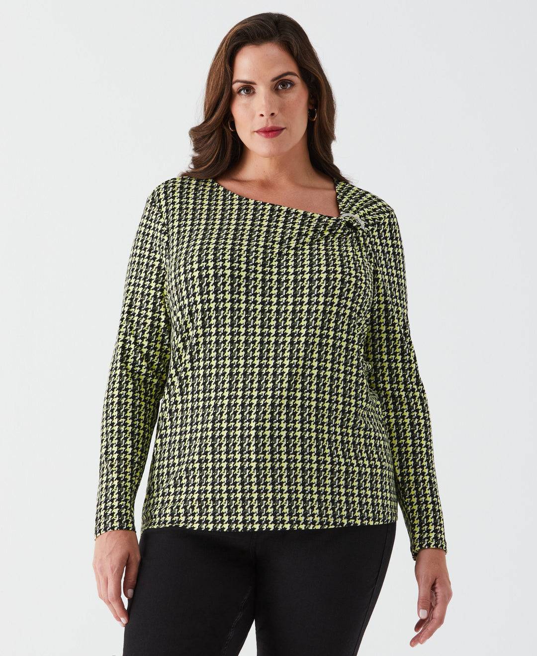 Plus Size Houndstooth Print Asymmetric Neck Top (Black) 