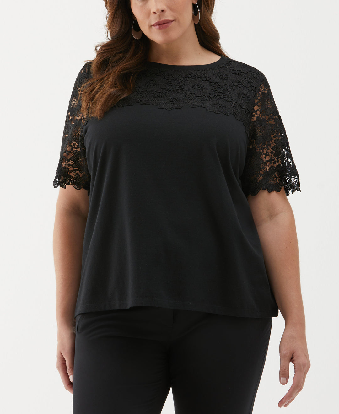 Plus Size Lace Yoke Knit Top (Black) 