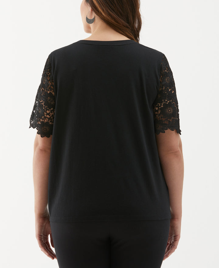 Plus Size Lace Yoke Knit Top (Black) 