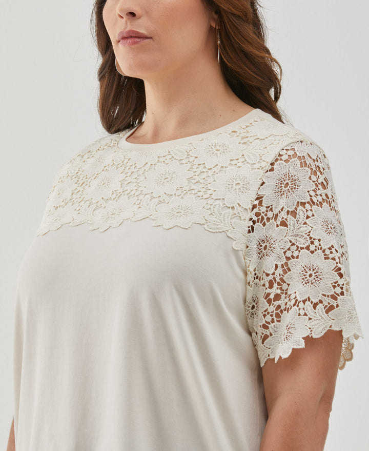 Plus Size Lace Yoke Knit Top (White Swan) 