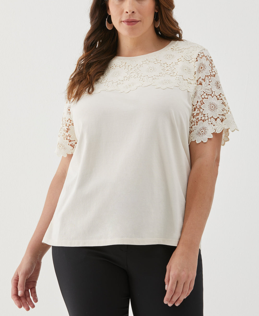 Plus Size Lace Yoke Knit Top (White Swan) 