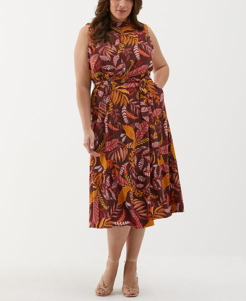 Ella Rafaella Plus Size Leaf Print Belted Sleeveless Dress - Decadent Chocolate - 3X Ella Rafaella Plus Size Leaf Print Belted Sleeveless Dress - Decadent Chocolate - 3X