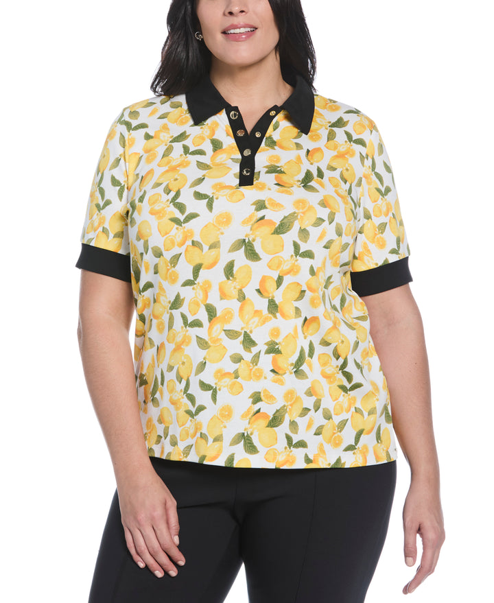 Plus Size Lemon Print Buttoned Polo (Star White) 