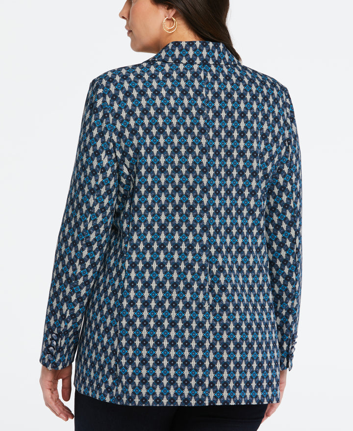 Plus Size Lined Medallion Print Single Breasted Blazer (Malibu Blue) 