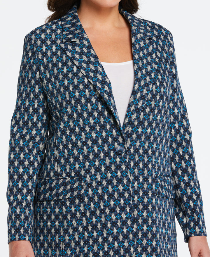 Plus Size Lined Medallion Print Single Breasted Blazer (Malibu Blue) 