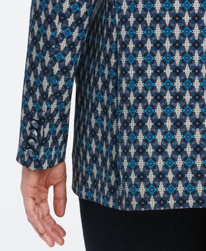 Plus Size Lined Medallion Print Single Breasted Blazer (Malibu Blue) 