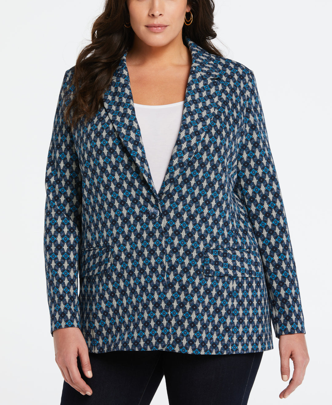 Plus Size Lined Medallion Print Single Breasted Blazer (Malibu Blue) 