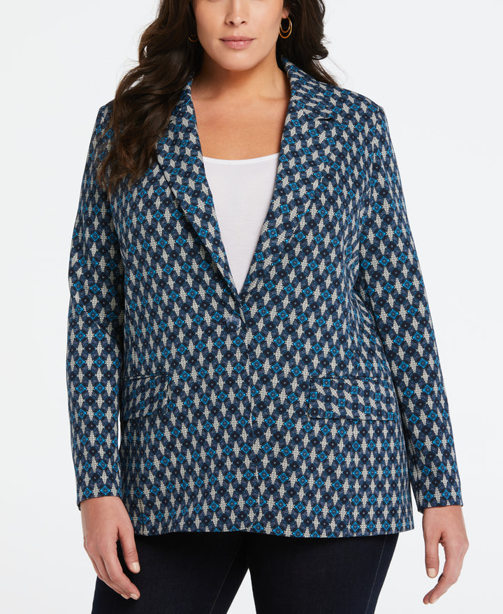 Plus Size Lined Medallion Print Single Breasted Blazer (Malibu Blue) 