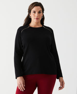 Plus Size Long Sleeve Tee with Zipper Detail (Black) 