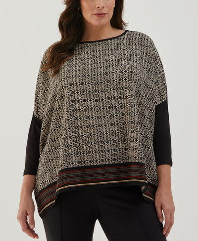 Plus Size Medallion Print Knit Woven Top (Black) 