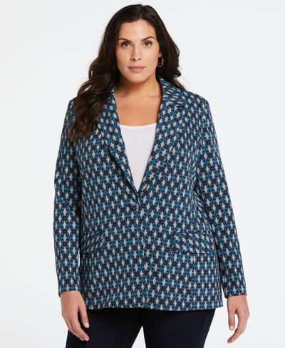 Plus Size Lined Medallion Print Single Breasted Blazer (Malibu Blue) 