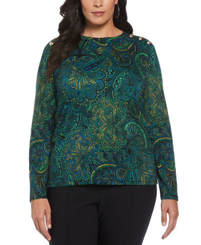 Plus Size Paisley Print Button Detail Top (Black) 