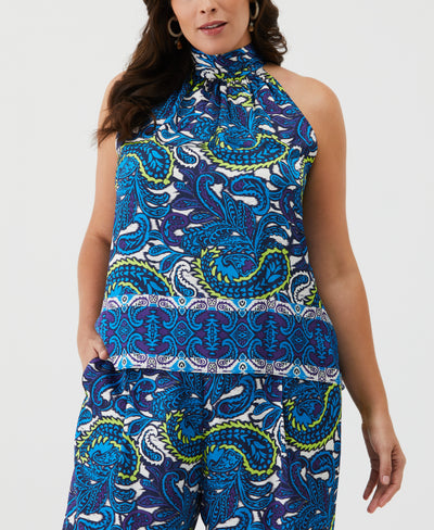 Plus Size Paisley Print Halter Top (Malibu Blue) 