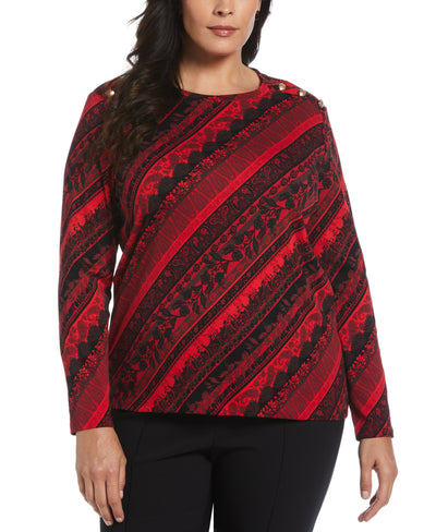 Plus Size Paisley Stripe Button Detail Top (Ruby) 