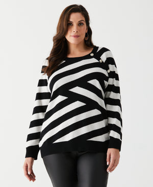 Plus Size Patterned Button Trim Sweater (Black) 