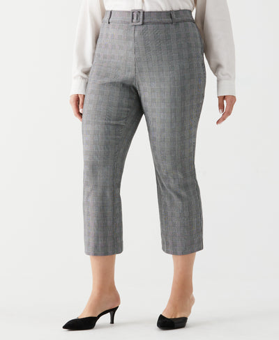 Plus Size Plaid Crop Boot Cut Pant with Belt (Black) 