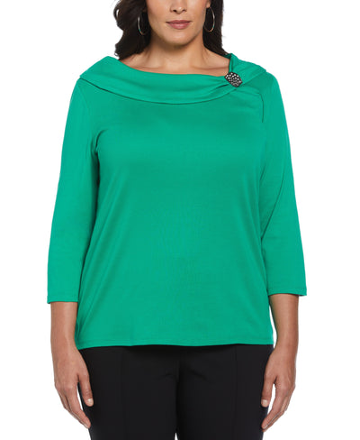 Plus Size Ribbed Marilyn Neck Top with Decorative Brooch (Jelly Bean) 