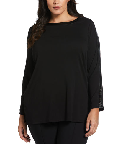 Plus Size Ribbed PU Trim Tunic Top (Black) 