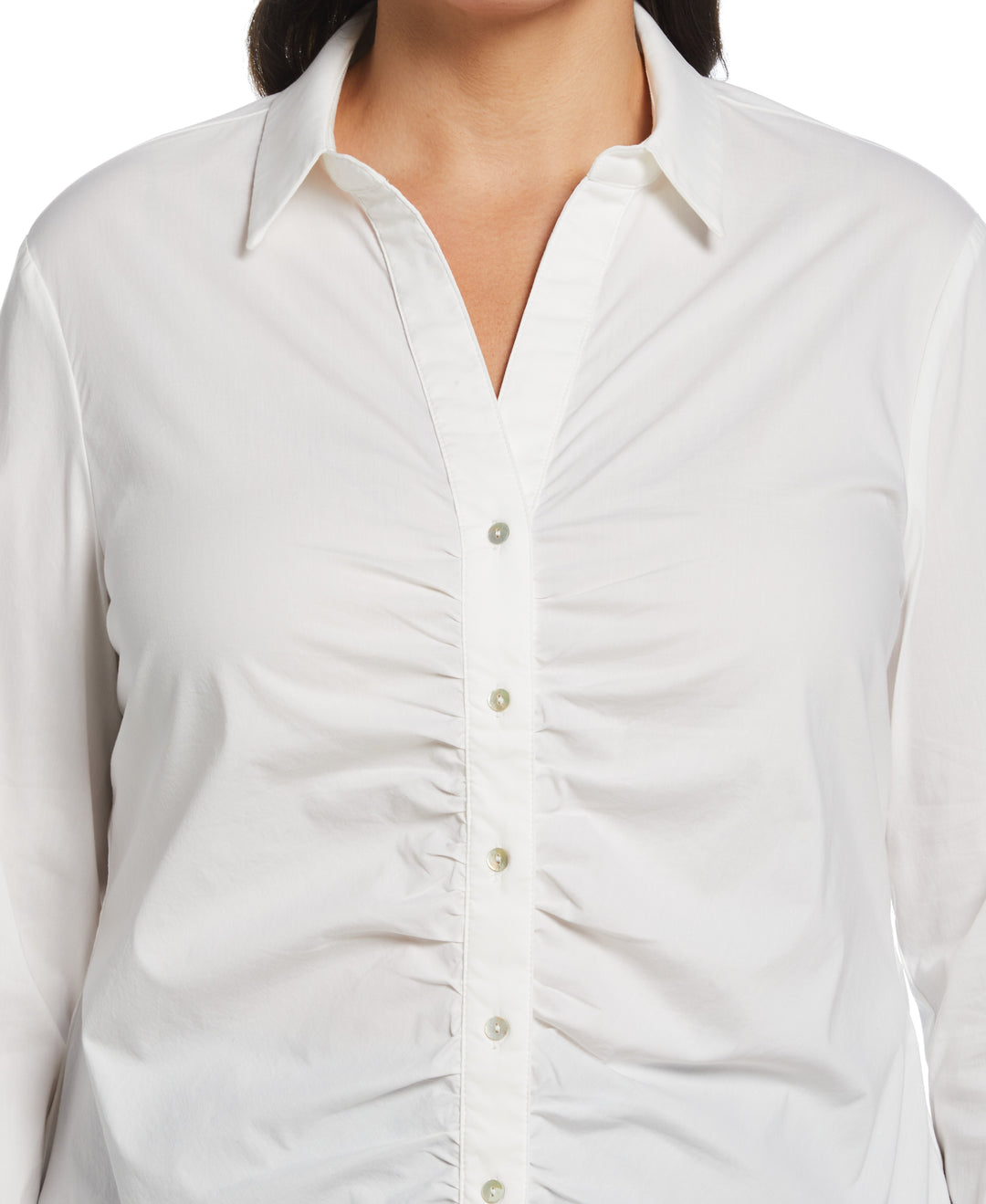 Rafaella Plus Size Ruched Front Poplin Long Sleeve Button-Down Shirt - White Rafaella Plus Size Ruched Front Poplin Long Sleeve Button-Down Shirt - White