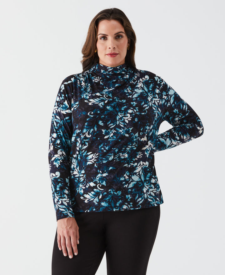 Plus Size Shadow Damask Print Ruched Mock Neck Top (Deep Teal) 