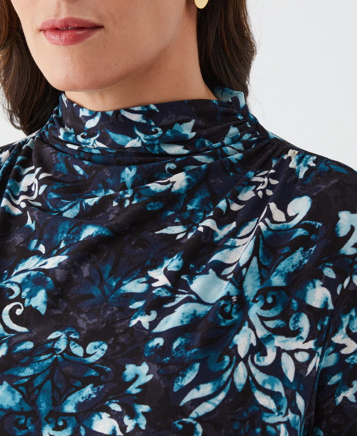 Plus Size Shadow Damask Print Ruched Mock Neck Top (Deep Teal) 