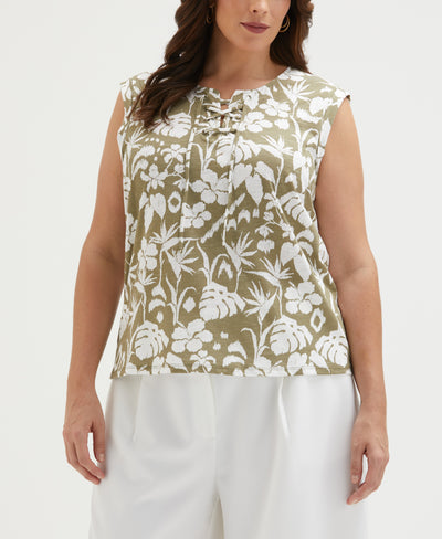 Plus Size Tropical Print Lace-Up Tank Top (Aloe) 