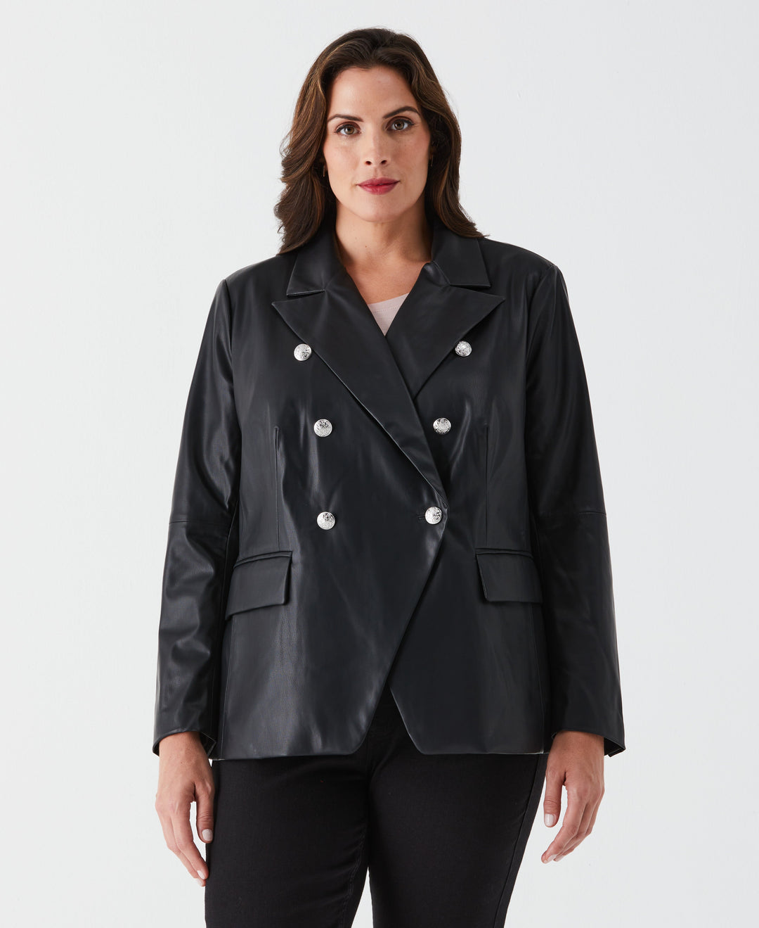 Plus Size Vegan Leather Double Breasted Blazer (Black) 