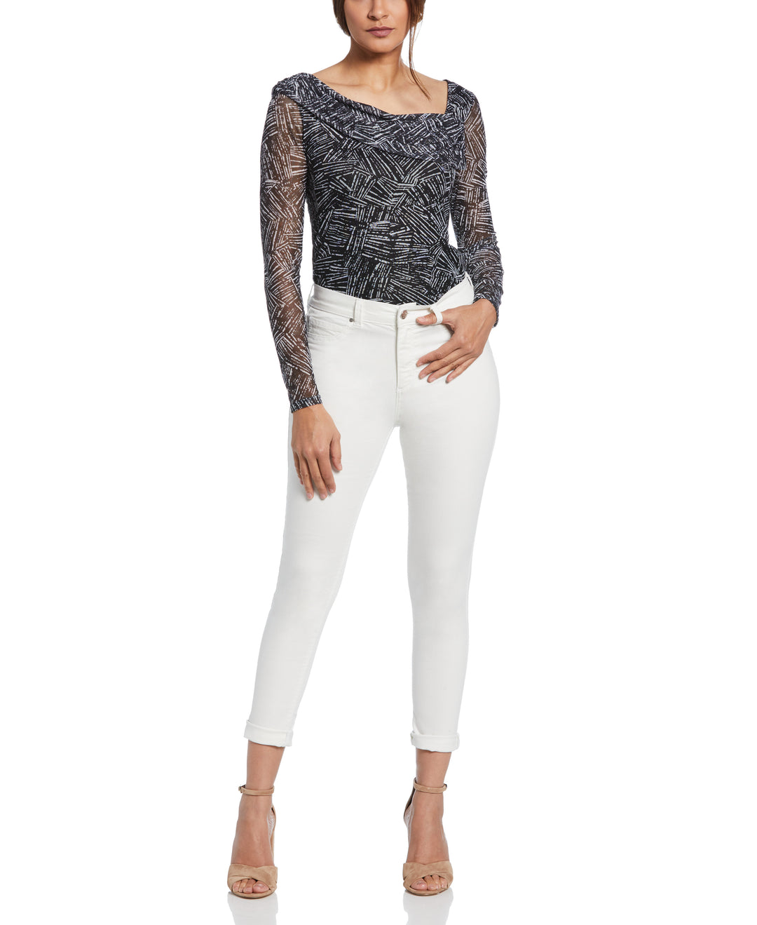 Printed Asymmetrical Mesh Top-Tee-Rafaella-Sportswear
