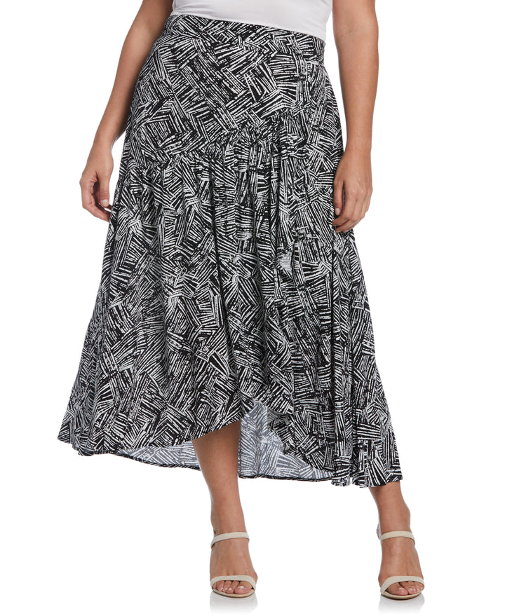 Printed Crepe Faux Wrap Skirt (Black) 