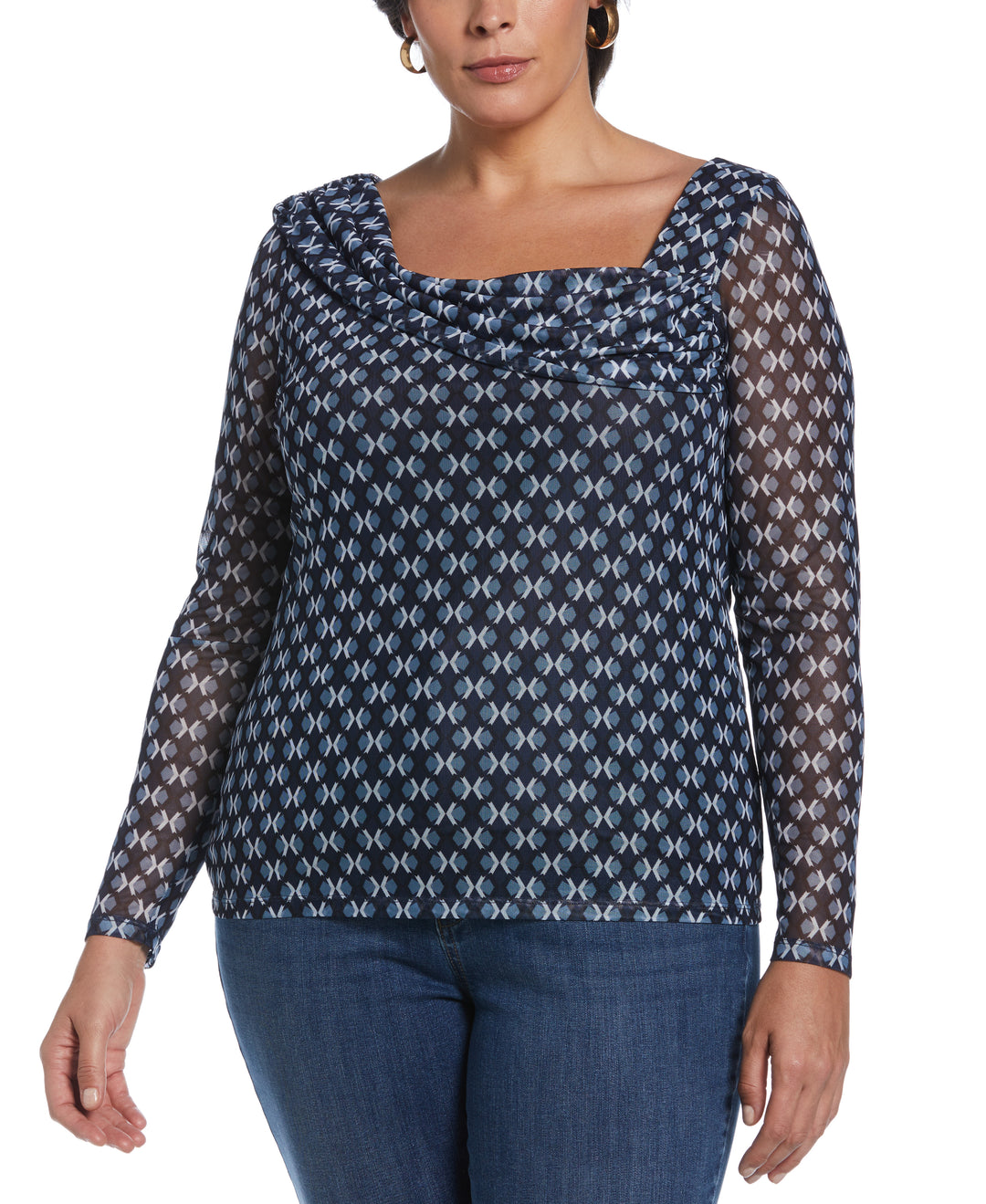 Printed Mesh Drape Neck Top (Mood Indigo) 
