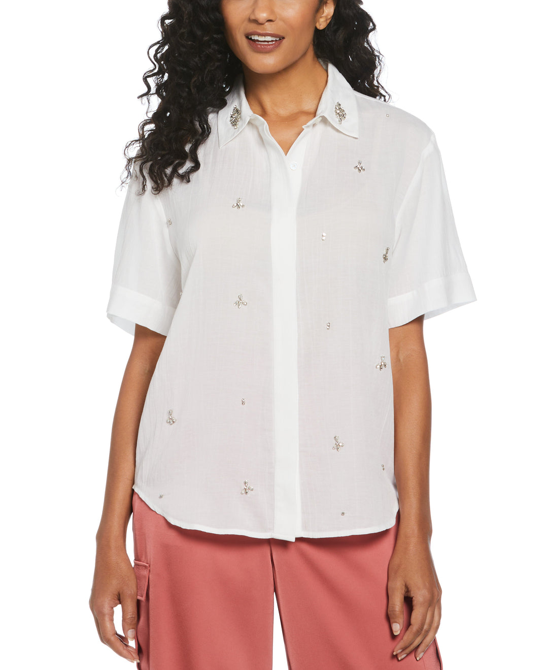 Rhinestone Embellished Relaxed Blouse (White) 