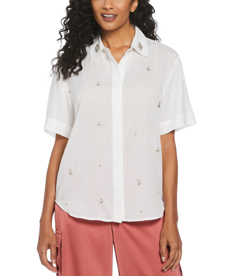 Rhinestone Embellished Relaxed Blouse (White) 