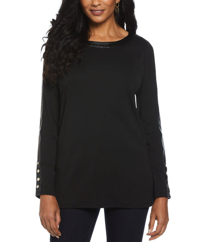 Ribbed PU Trim Tunic Top (Black) 