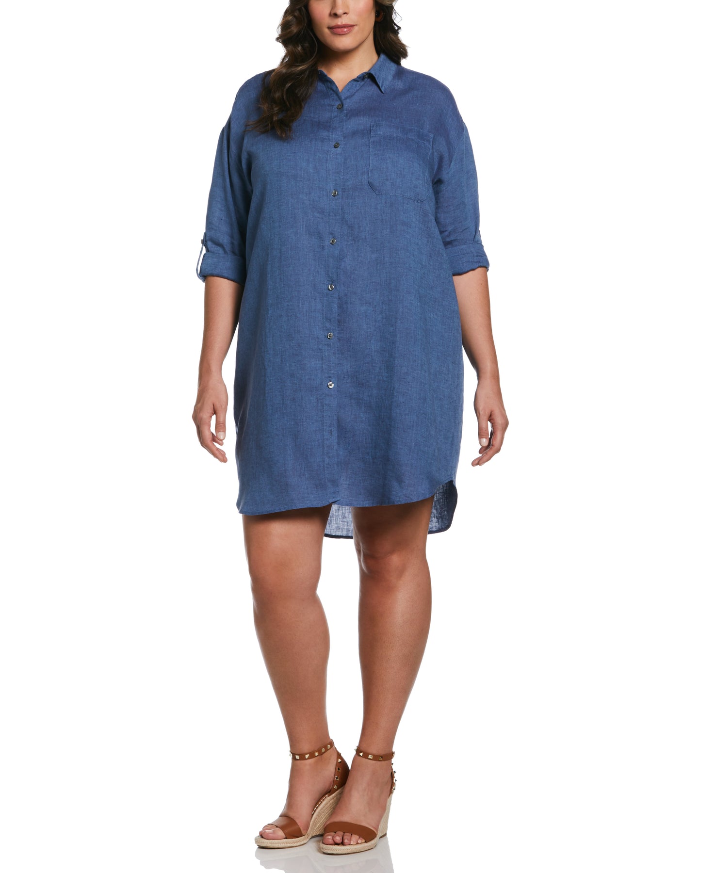 Rafaella Plus Size Roll Sleeve Linen Shirt Dress - Delft - Size 2X Rafaella Plus Size Roll Sleeve Linen Shirt Dress - Delft - Size 2X