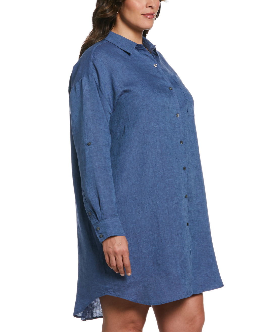 Roll Sleeve Linen Shirt Dress (Delft) 