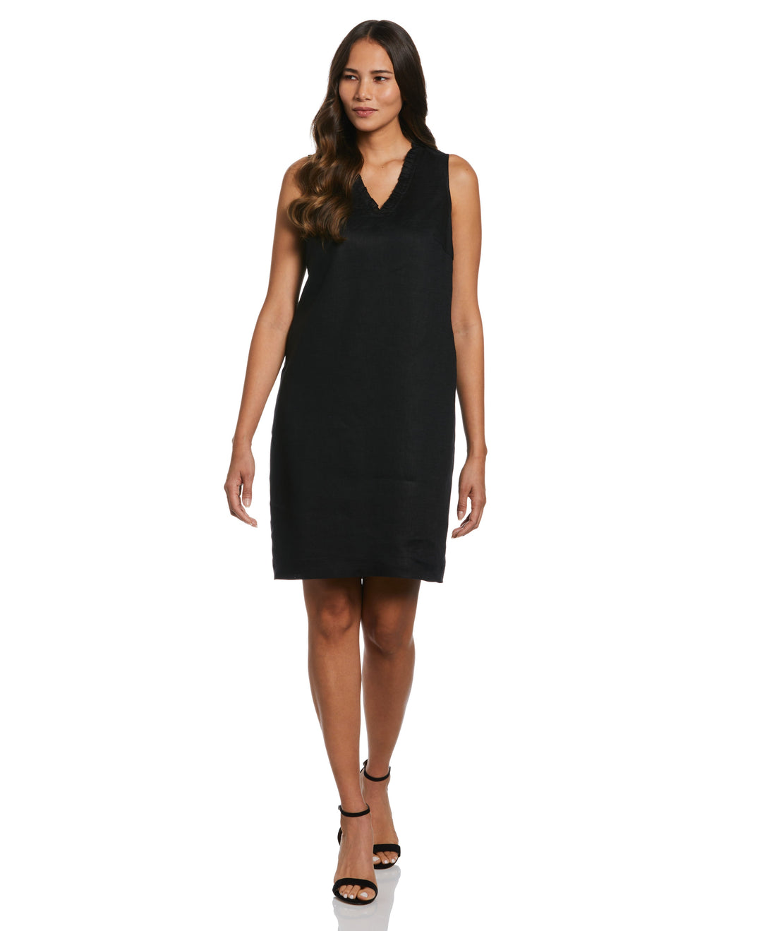 Ruffle Neck Linen Dress (Black) 